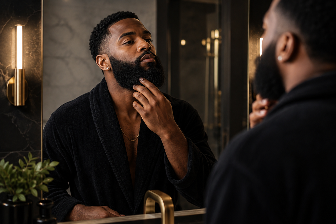 Black man grooming his beard in a mirror as part of a daily beard care routine
