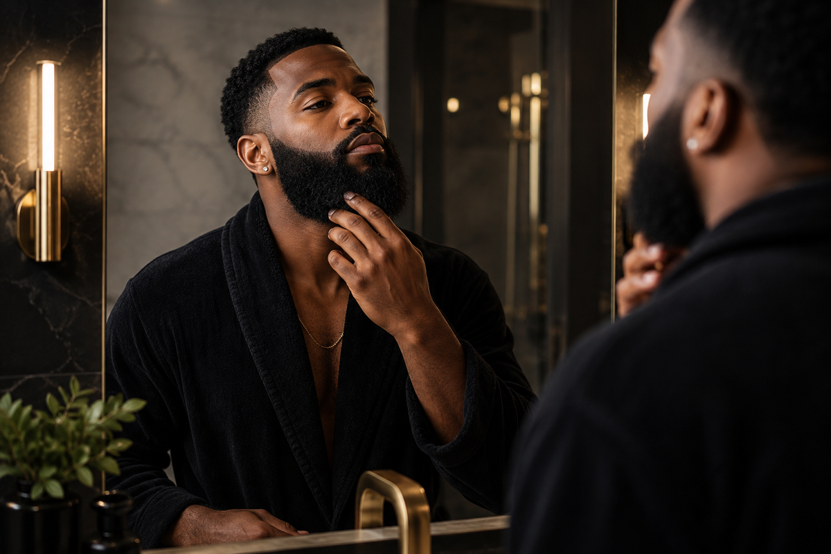 Black man grooming his beard in a mirror as part of a daily beard care routine