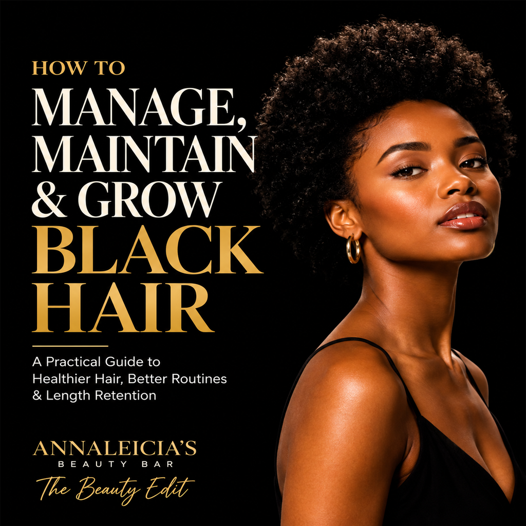 Book cover for 'How to Manage, Maintain & Grow Black Hair' by Annaleicia's Beauty Bar, featuring a portrait of a woman with natural black hair on a black background with gold and white text.