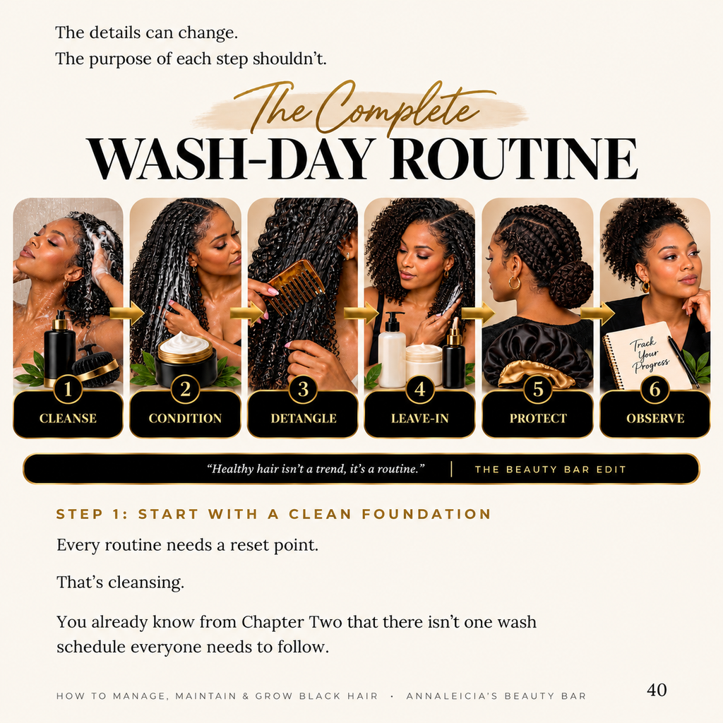 An infographic titled 'The Complete WASH-DAY ROUTINE' showing six illustrated and photographed steps for black hair care, including cleanse, condition, detangle, leave-in, protect, and observe, with text explaining each step. This is not a clean product shot, not a person-centered lifestyle image, and not a measurement chart or color swatch; it functions as an informational how-to graphic, so subject_type is Instruction Diagram.