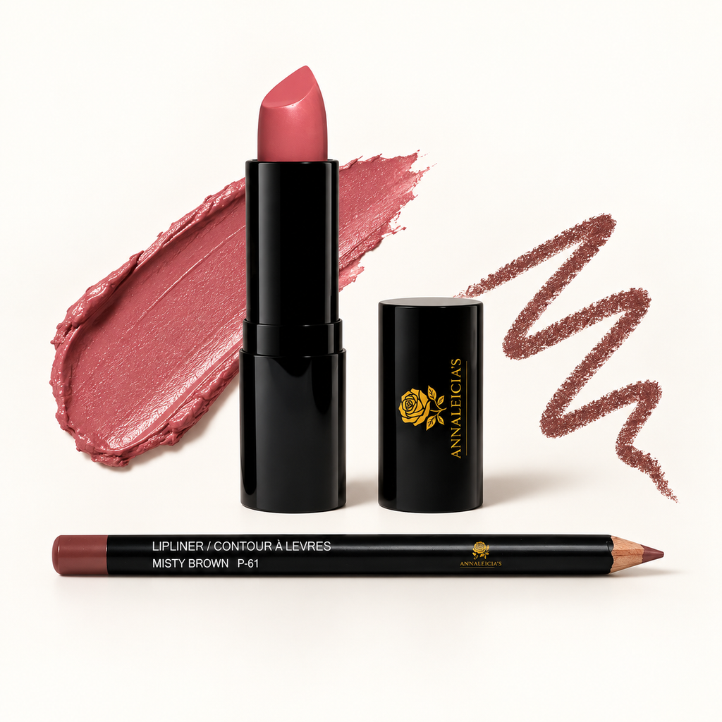 Annaleicia’s lip liner and lipstick set in a clean studio shot. The set includes a black lipstick tube with a pinkish-brown bullet, its matching black cap with a gold rose logo, a black lip liner pencil labeled 'Misty Brown P-61', and two makeup swatches showing the lipstick and liner shades.